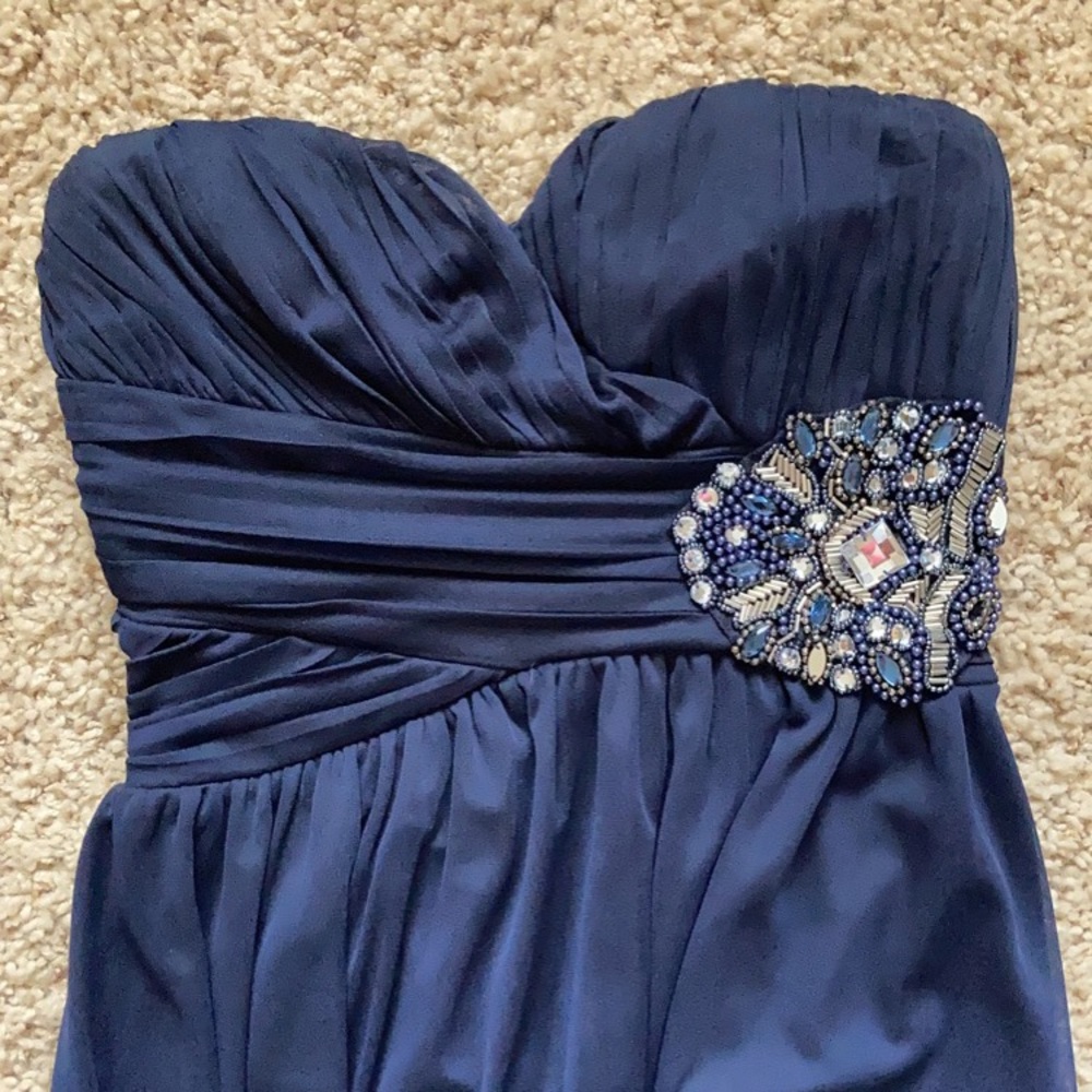 Navy blue long formal strapless dress